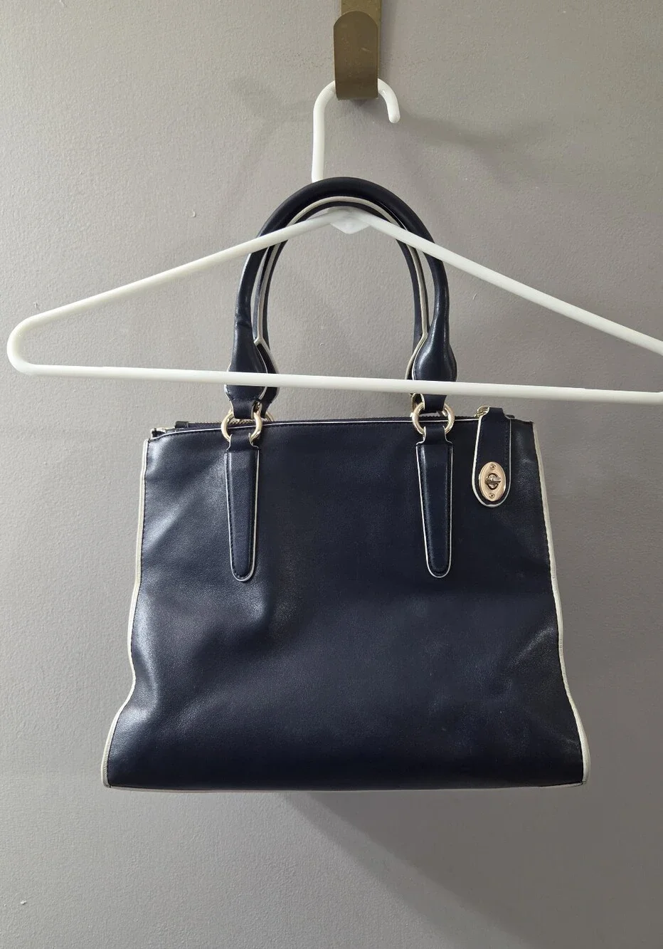 Coach Retired Crosby Navy Leather Satchel with Cream Trim and Gold Hardware